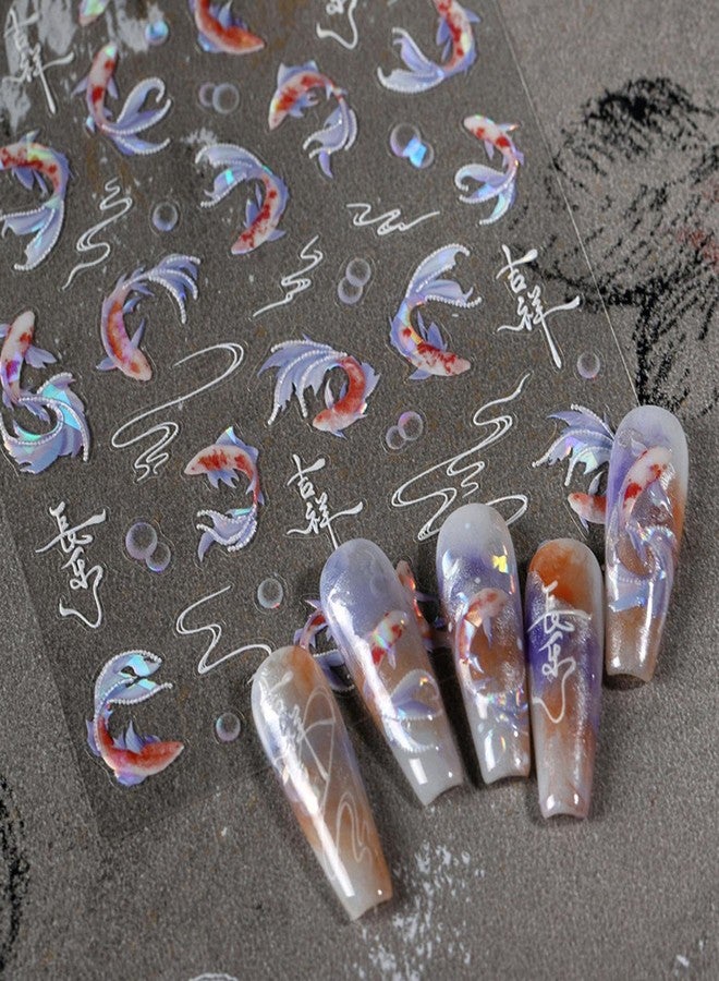 Maigitur 5D Embossed Fish Nail Stickers Koi Nail Art Stickers Self-Adhesive Chinese Nail Decals Chinese Style for Nail Art Bubble Nail Supplies Spring Stickers for Women Girls DIY Manicure - Image 2